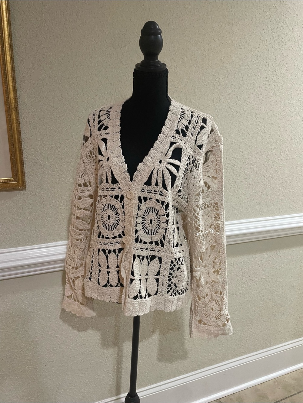 Solitaire Open-Knit Crochet Button-Front Cardigan in Cream